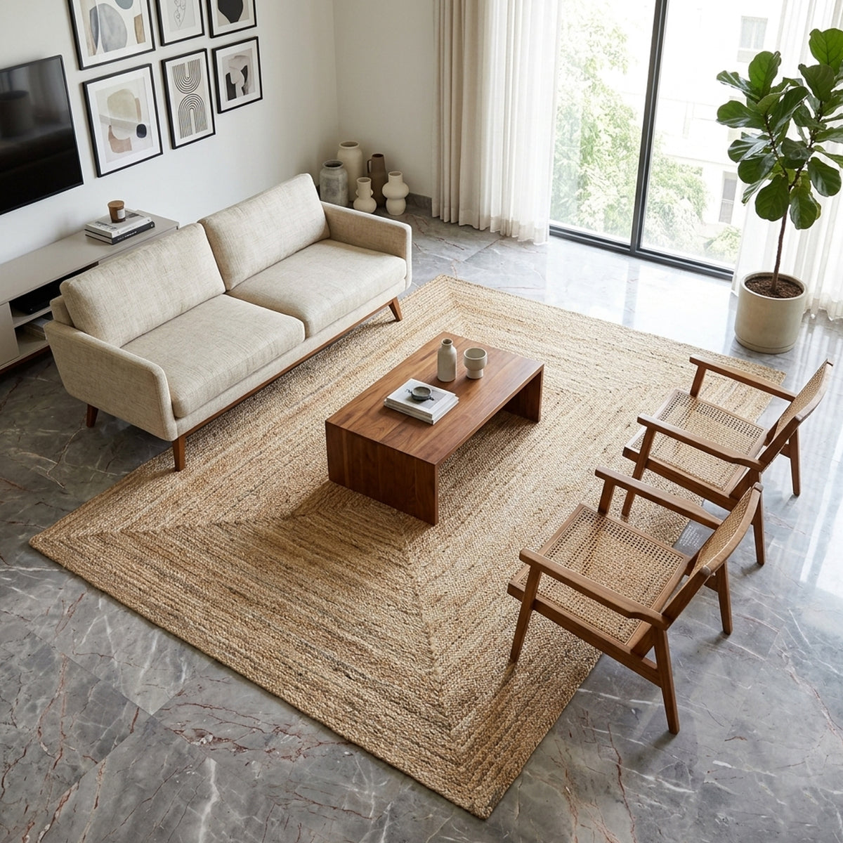 Rectangular jute rug with a natural-colored, woven boho look