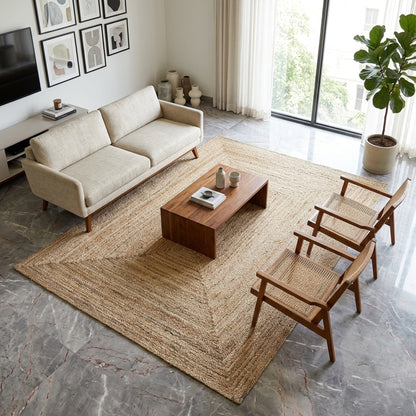 Rectangular jute rug with a natural-colored, woven boho look