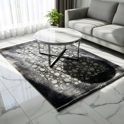 Rectangular 170x240 cm rug, dark pile with silver floral patterns
