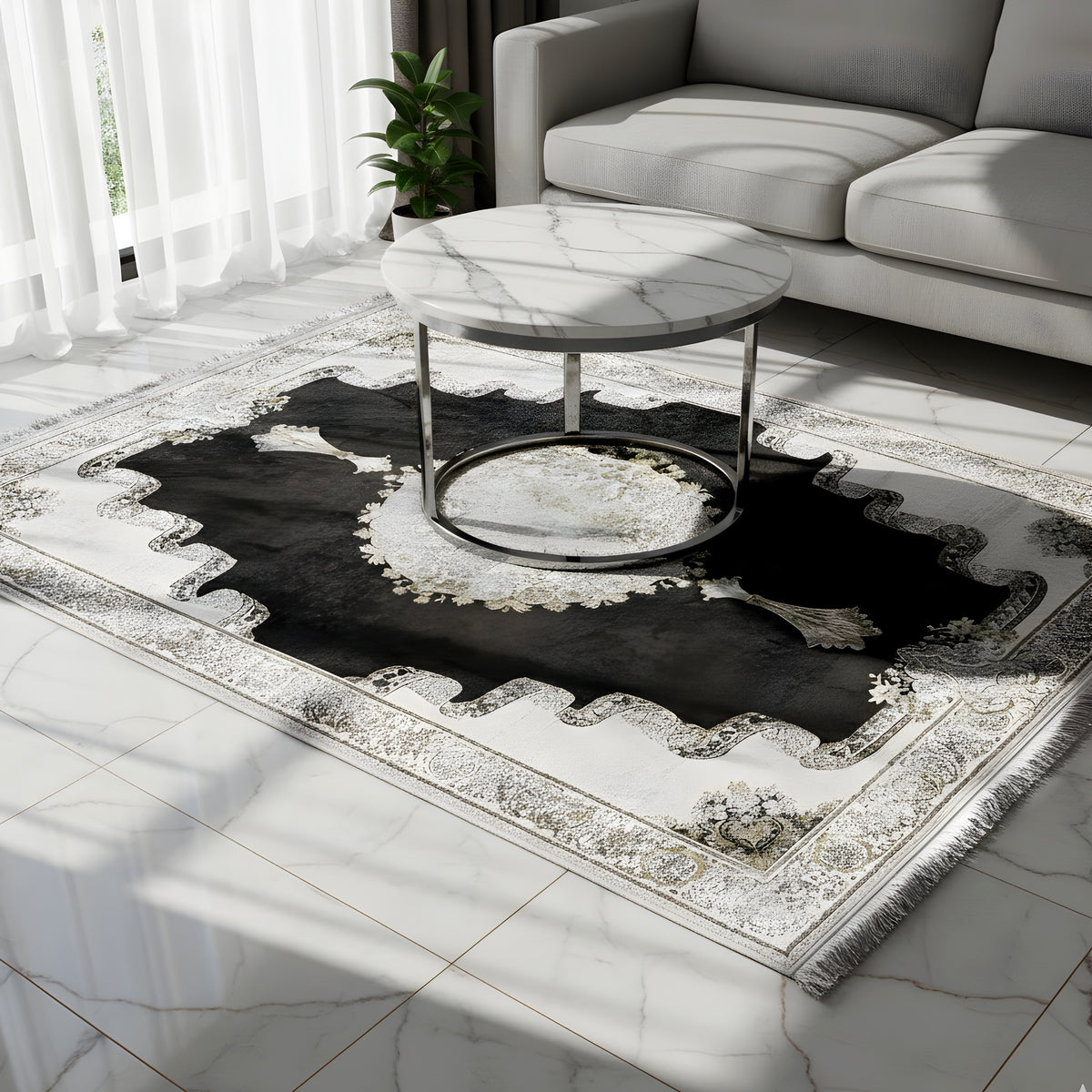 Carpet Nightshade 170x240 cm, rectangular; black with a gold-silver ornamental border