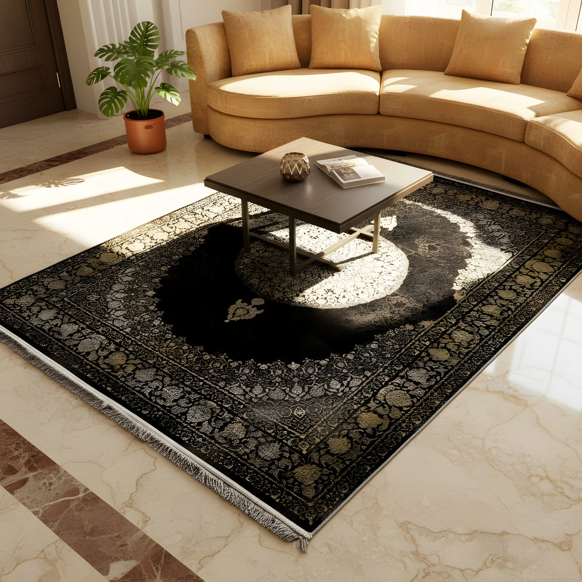 Rug 170x240 cm with a black, gold-and-silver mandala pattern and a silver center area