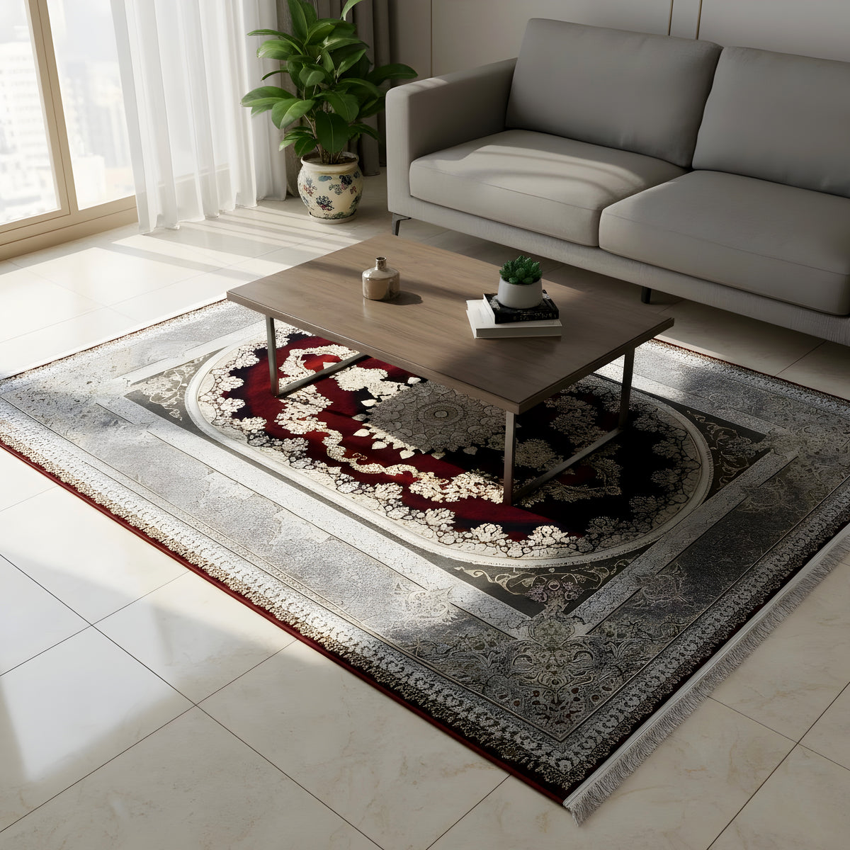 Oriental rug 170x240 cm in a living room, red medallion with silver ornaments