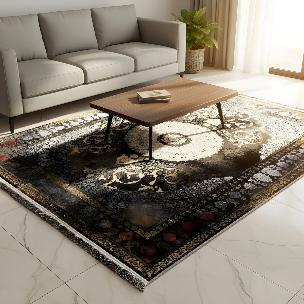 Oriental rug 170x240cm in the living room: dark ornamental pattern with a golden central section
