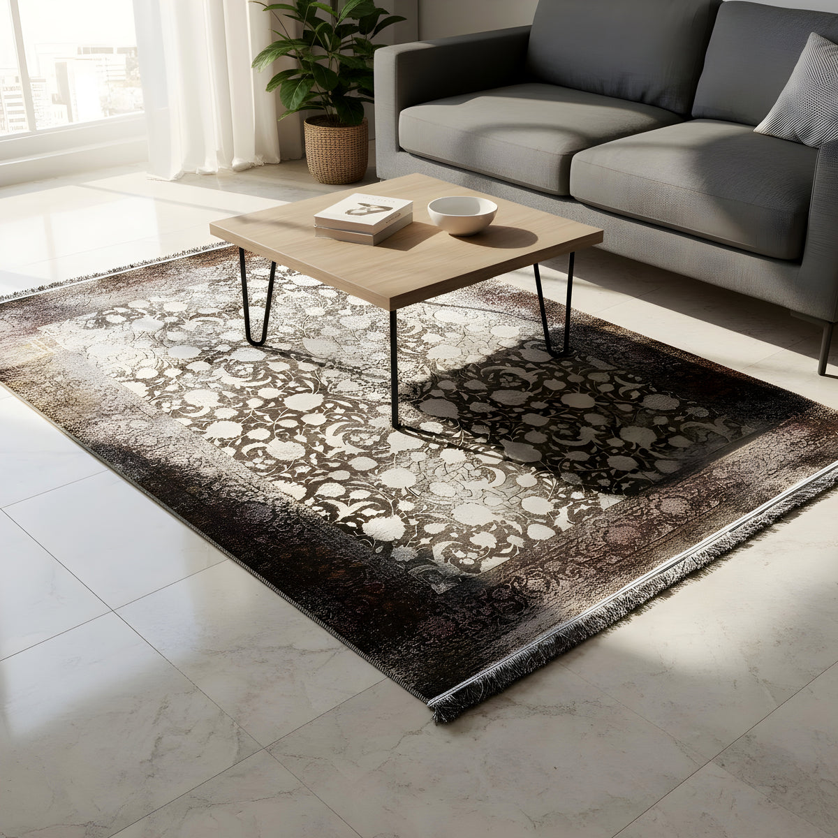 Velvet rug 170x240 cm with ornamental border and fringes, dark background
