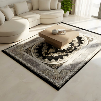 Rug 170x240 cm on the floor, black with silver-gray ornaments