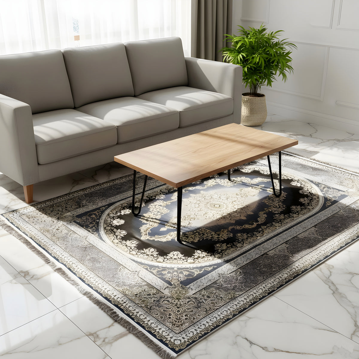 Rug 170x240 cm in the living area: dark blue with golden Baroque ornaments and borders