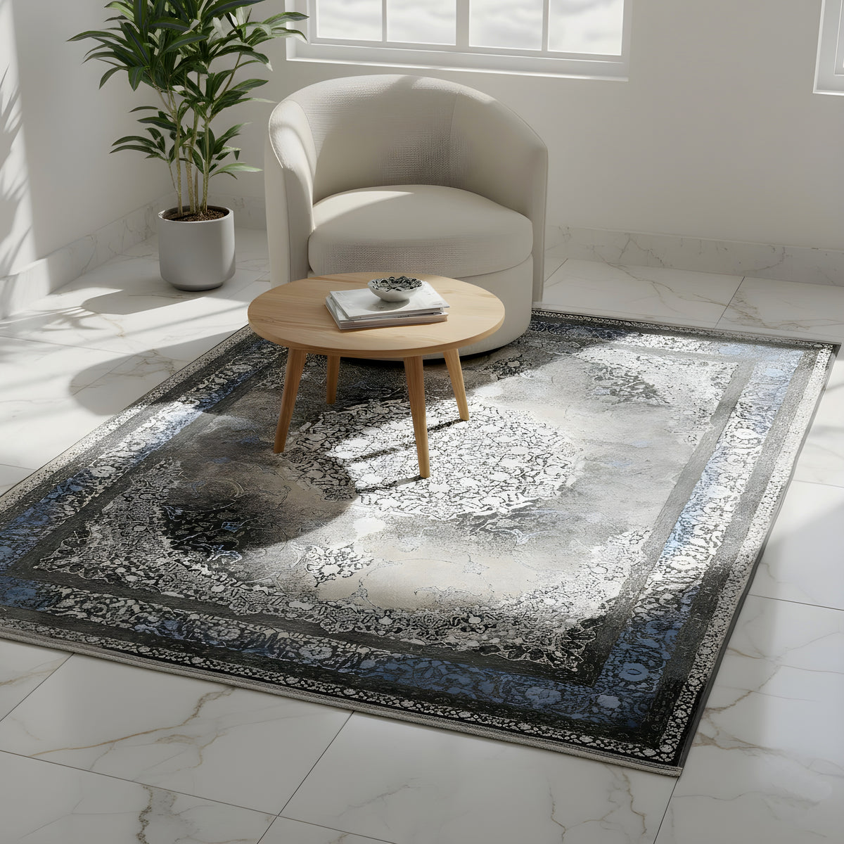 Large rug 170x240 cm with a blue border and Baroque ornament on a beige background