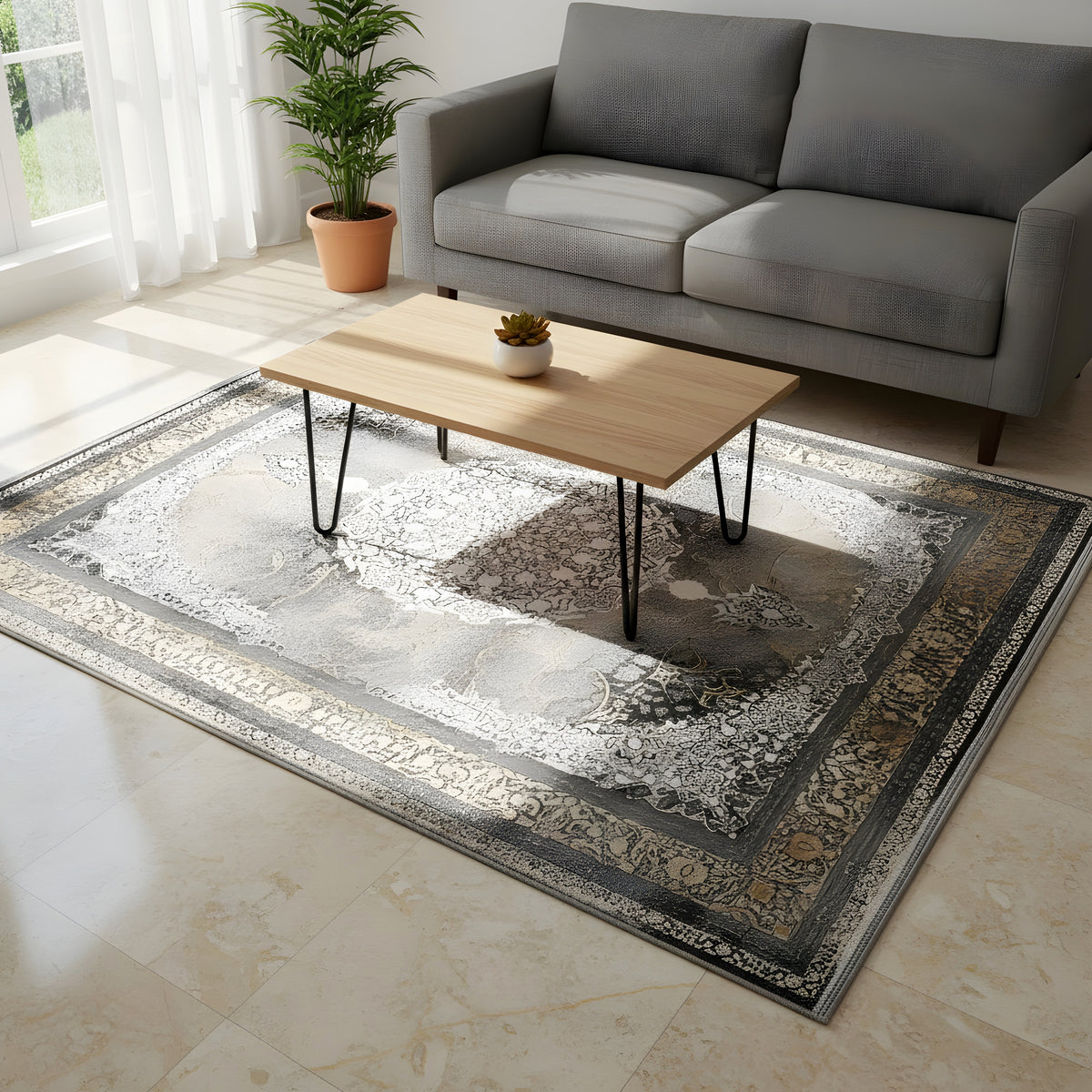 Rug 170x240 cm, smoke brown with white-and-gold Baroque ornaments in the living area