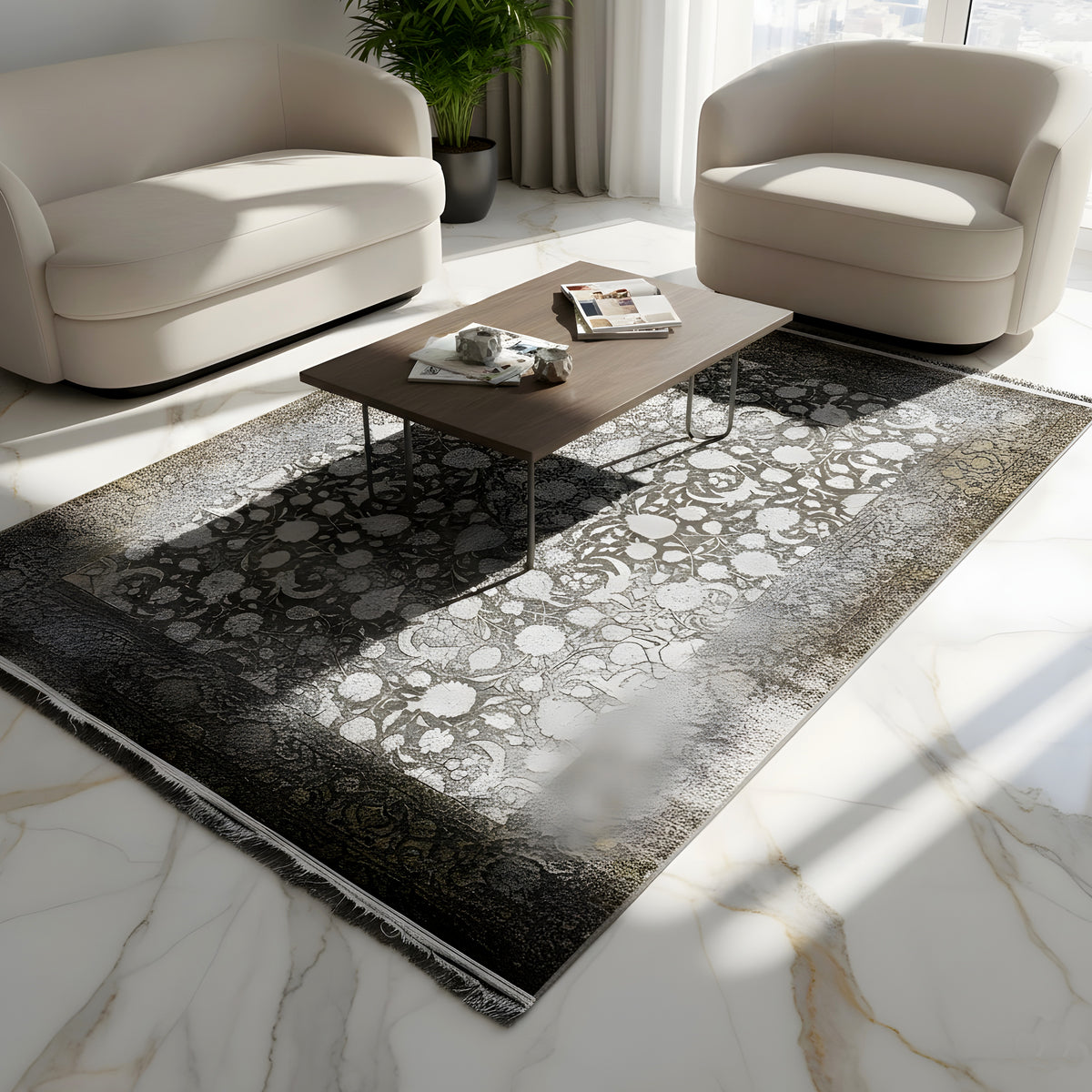 Rug 170x240 cm, large floral pattern in gray/silver with a dark brown border, fringes