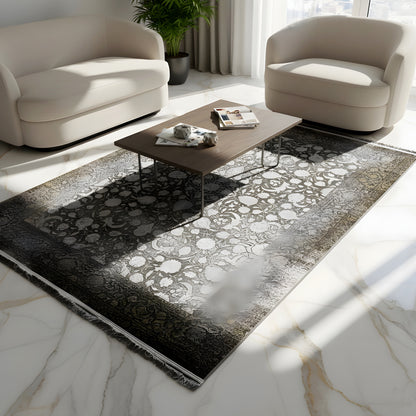 Rug 170x240 cm, large floral pattern in gray/silver with a dark brown border, fringes