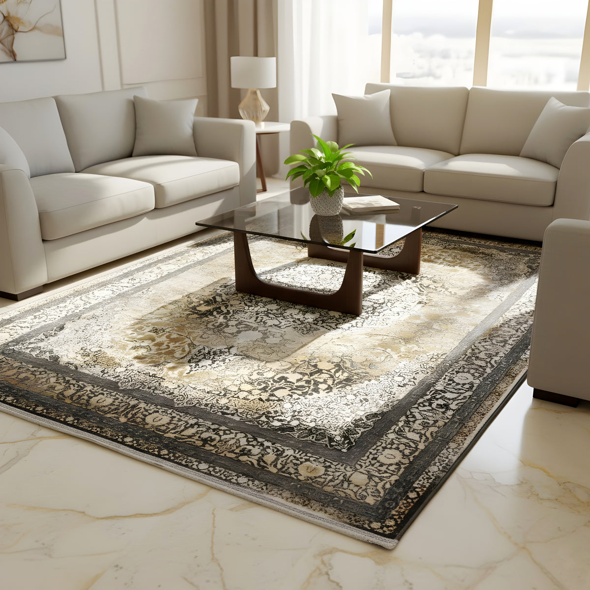 Rauchgold rug 170x240 cm, rectangular, patterned in gold, gray, and dark gray