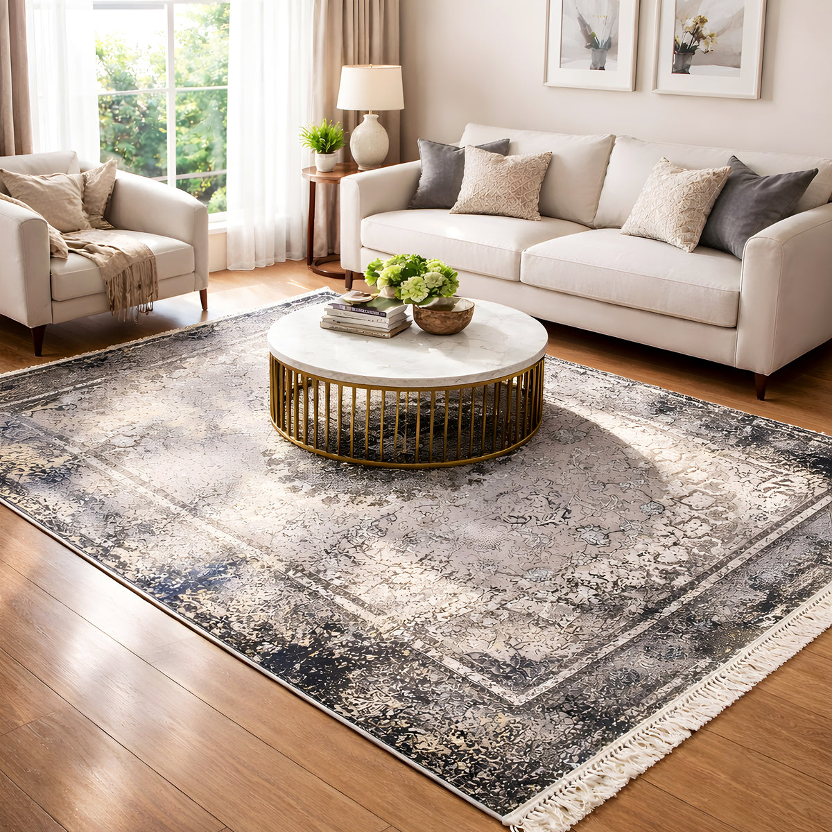 Vintage rug in gray with an ornamental pattern, wide border, and fringe
