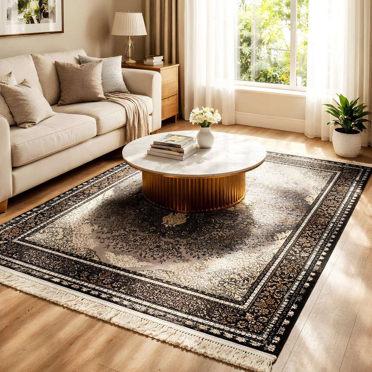 Vienna Oriental rug, rectangular, anthracite-gray ornamental design, fringes, 160x230 cm