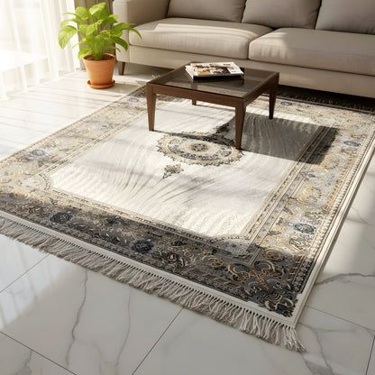 Elara rug 160x230 on the floor: cream-colored base with border, medallion, and fringes