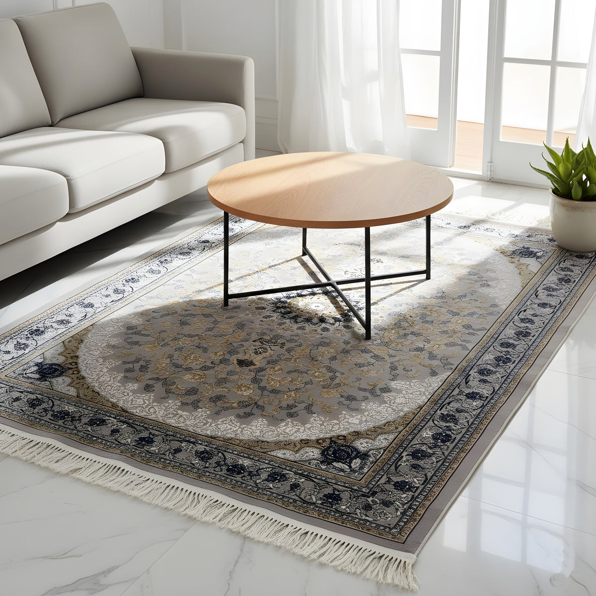 Medallion rug 160x230 cm: gray base, gold ornaments, dark blue border, fringes