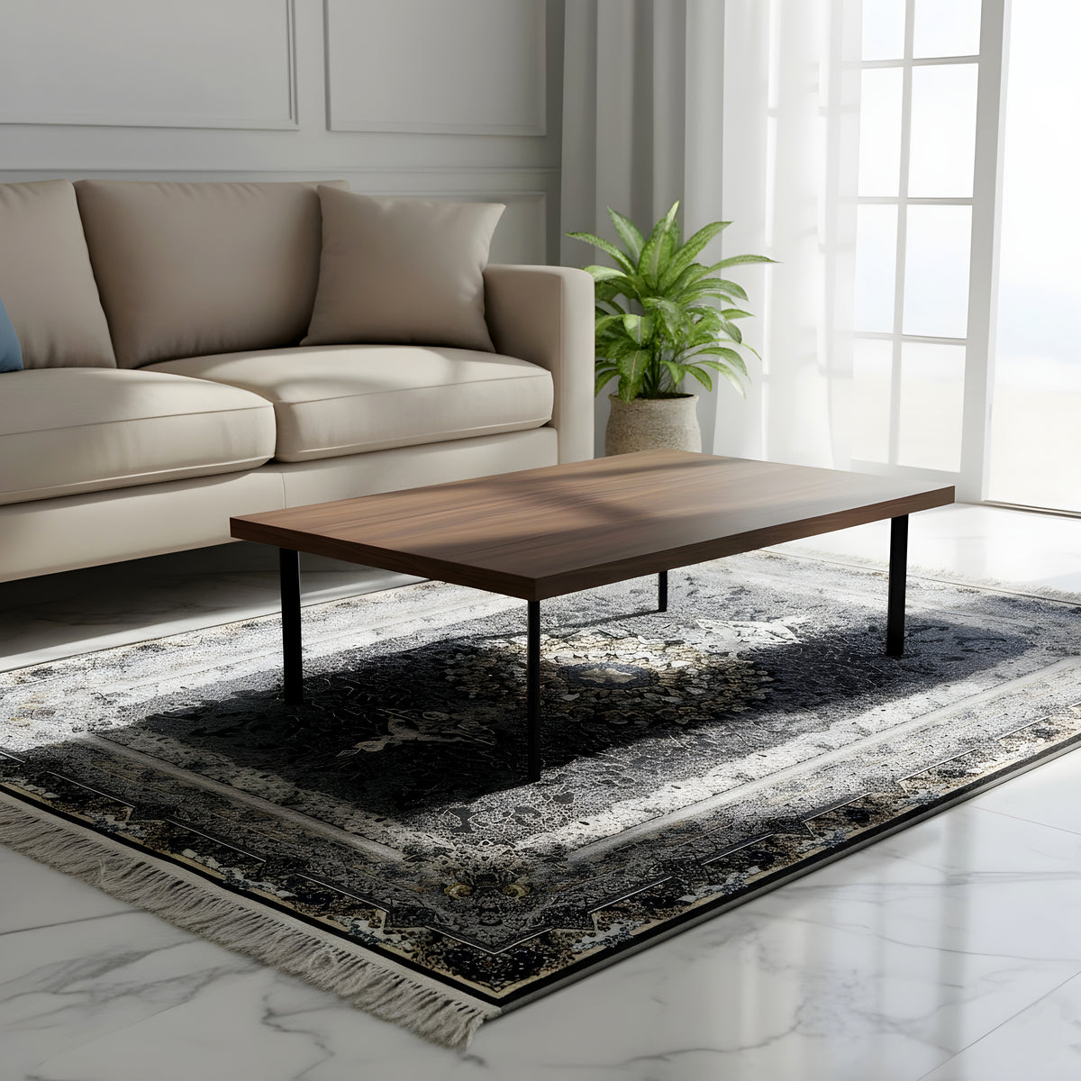 Black oriental rug with a large-scale ornamental pattern and fringes along the edge