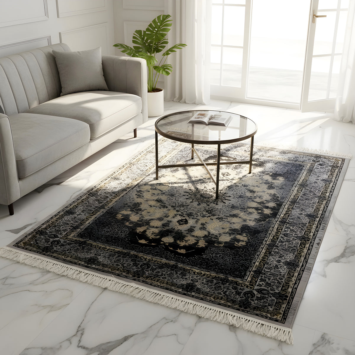 Medallion rug in dark blue with beige ornaments and fringes along the edge