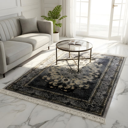Medallion rug in dark blue with beige ornaments and fringes along the edge