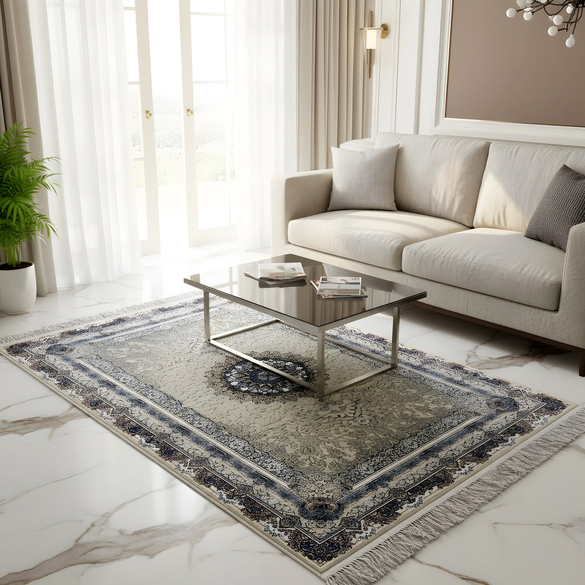Rectangular medallion rug on a light-colored floor with a beige pattern and dark blue border