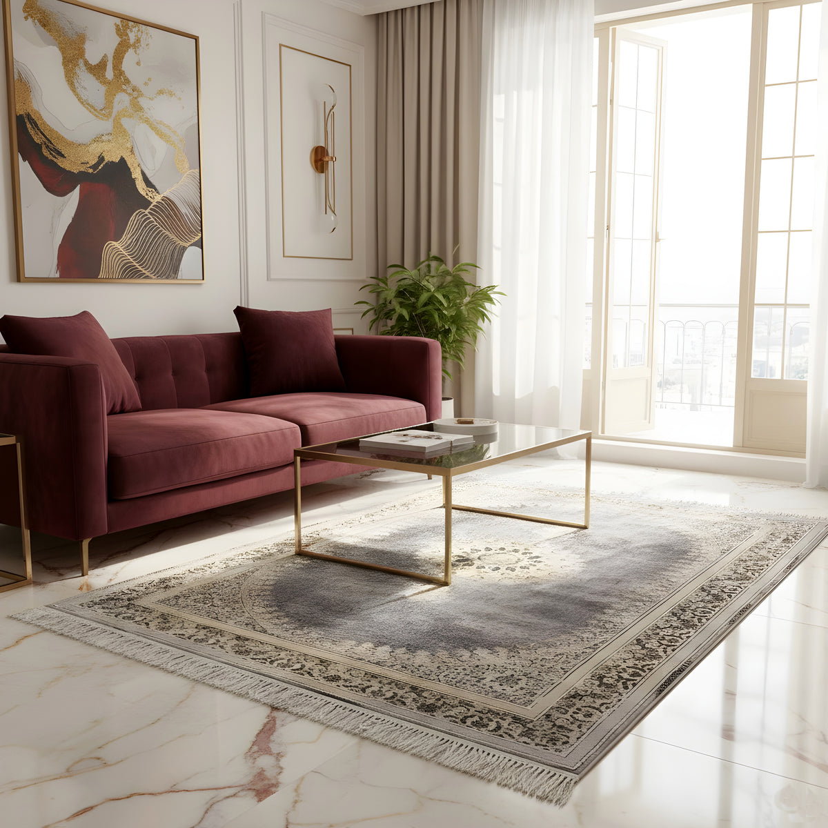 Medallion rug with a divided dark gray border and fringes along the edge