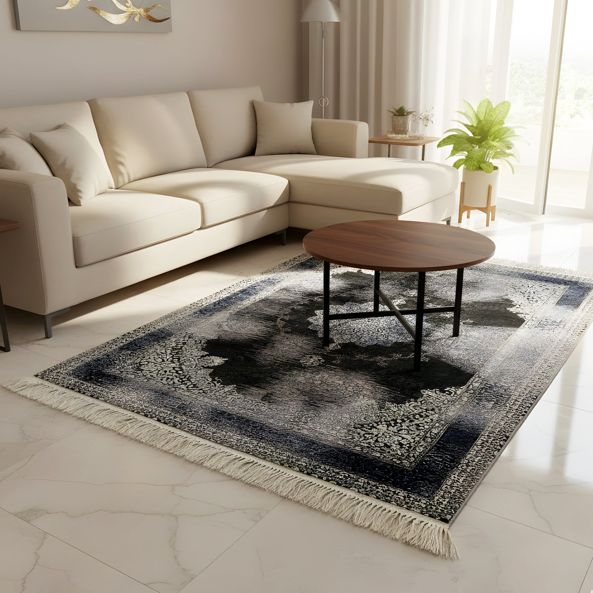 Flat 160x230 Oriental rug, vintage blue and anthracite ornament with fringes