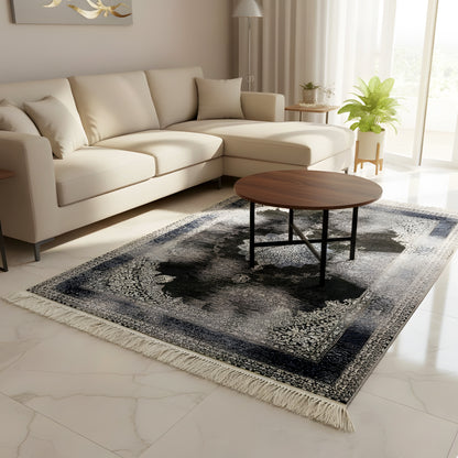 Flat 160x230 Oriental rug, vintage blue and anthracite ornament with fringes