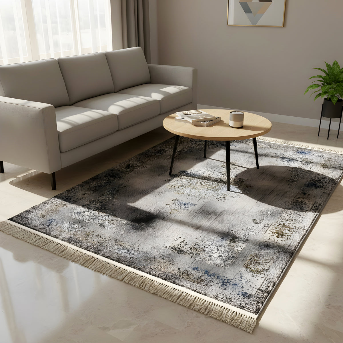 Rectangular rug with an abstract medallion pattern, gray-blue and gold, fringes along the edge