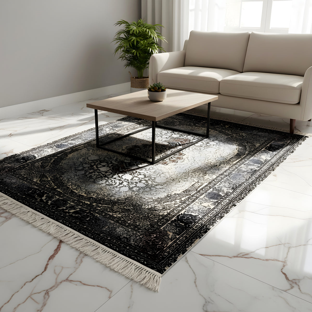 Persian rug 160x230 with a large medallion, vintage square pattern in dark blue-gray, fringes