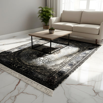Persian rug 160x230 with a large medallion, vintage square pattern in dark blue-gray, fringes