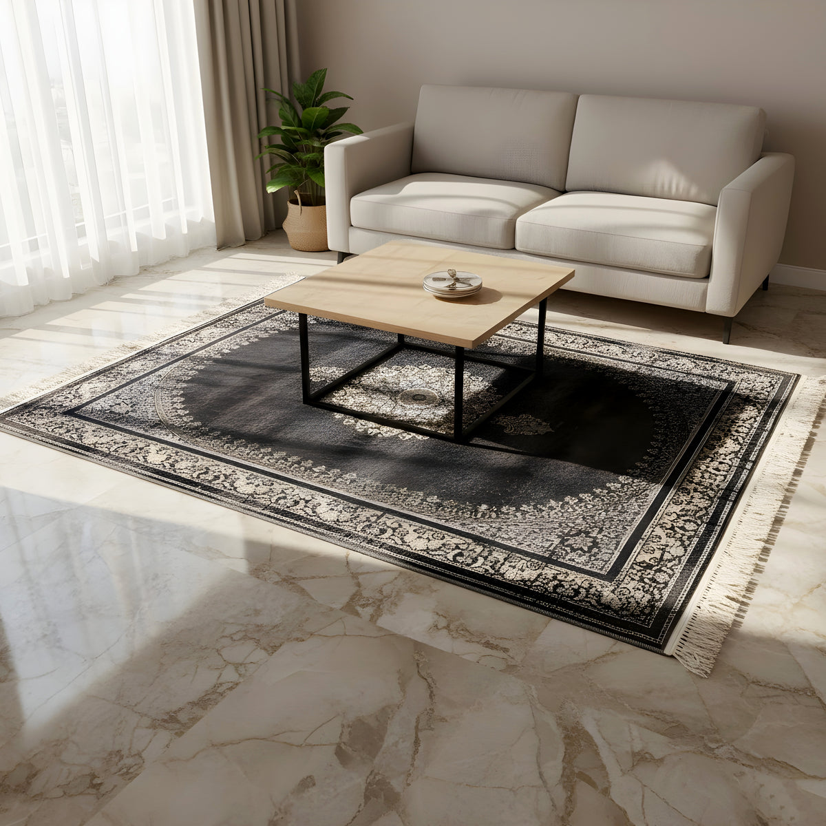 Rectangular dark gray medallion rug with a patterned border and fringe on the floor