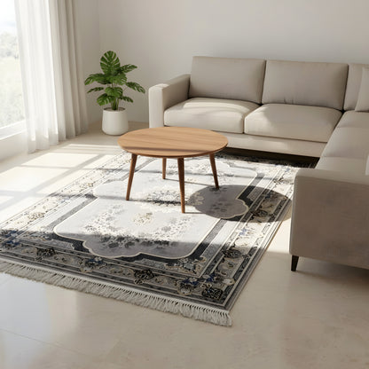 Medal rug with an ornate surface, gray, borders and fringes