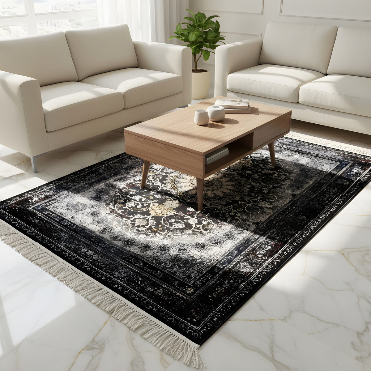 Flat Persian rug in a living area: dark ornamental pattern in black-blue/gray with fringes