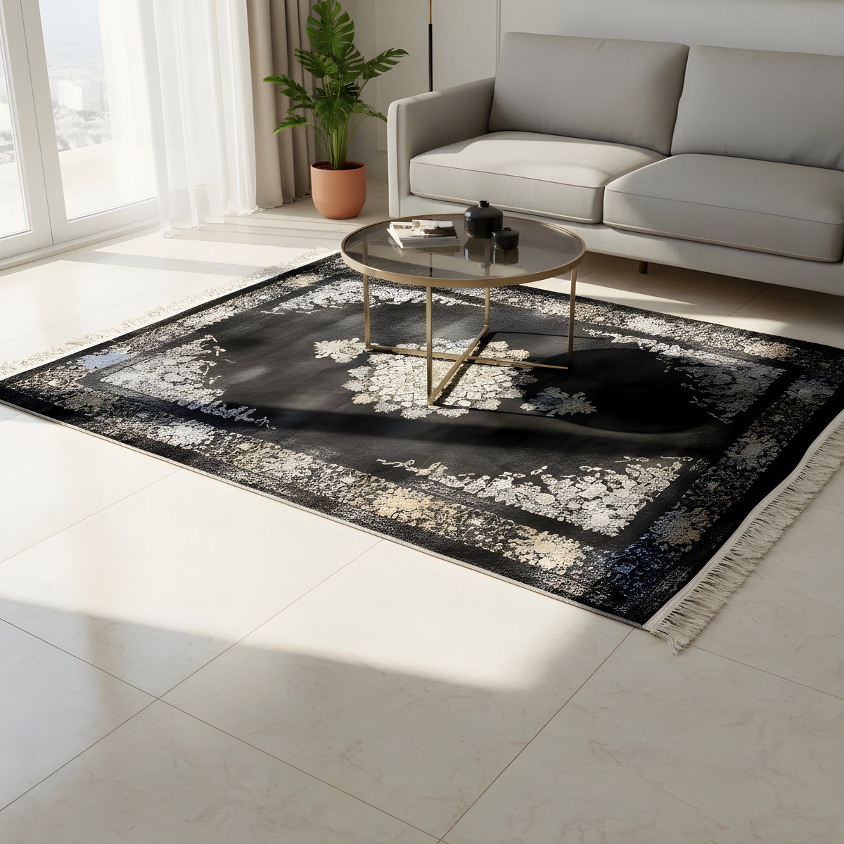 Black rug 160x230 with geometric medallion, cream-blue-gold, and fringes