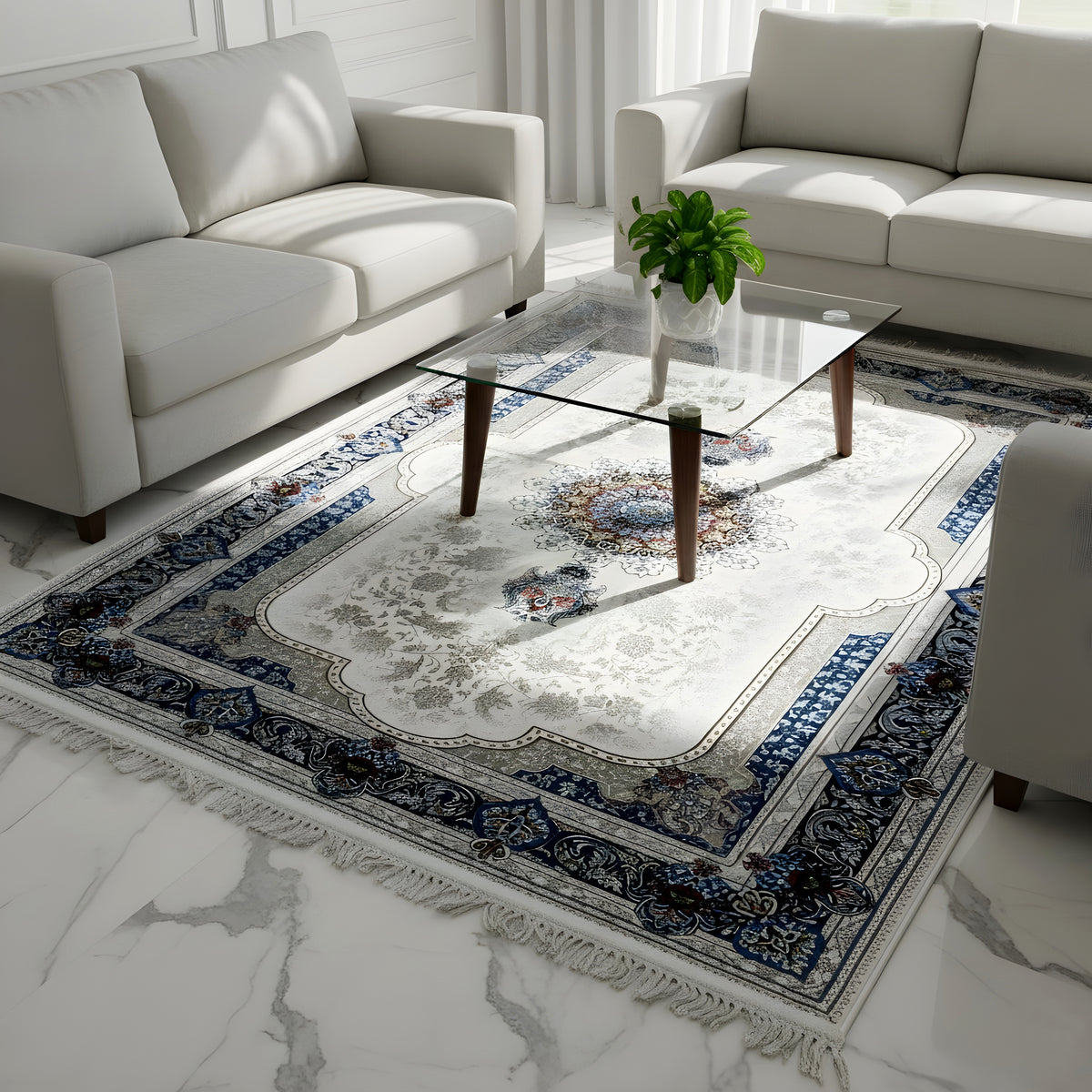 Cream-colored rug 170x240 cm with a blue border and fringes along the edge