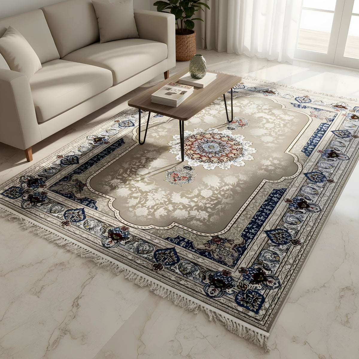 Large beige rug 170x240 cm with a blue border and colorful medallion