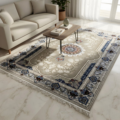 Large beige rug 170x240 cm with a blue border and colorful medallion