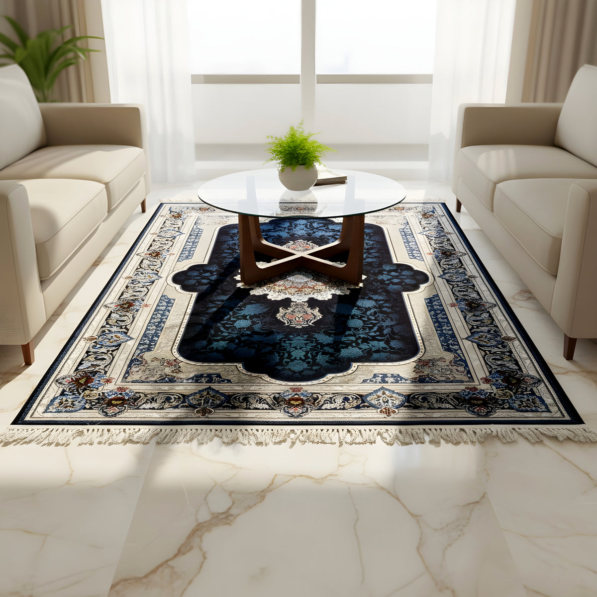 Navy blue rug (170x240 cm) with medallion, decorative stripes, and fringes