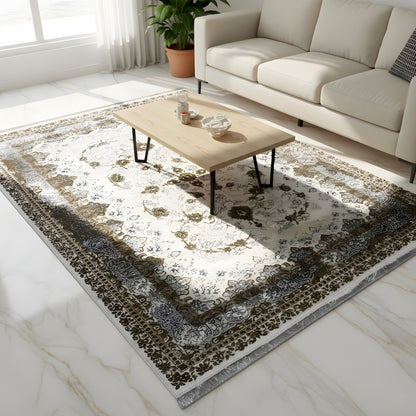 Rug 170x240 cm in the living room, beige ornamental pattern in golden brown and blue