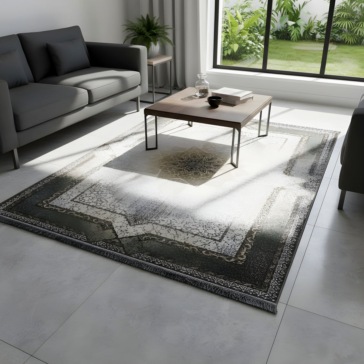Rug 170x240 cm with vintage star and border, gray-beige with smoky green