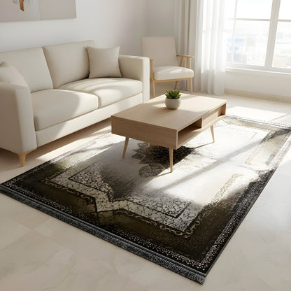 Rug 170x240 cm with a large-scale pattern, light beige and olive accents, border