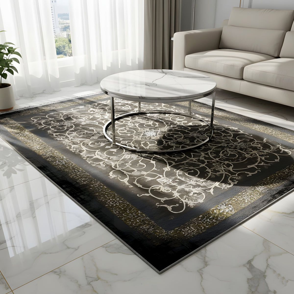 Dark rug 170x240 cm with an ornamental pattern and gold border, laid on the floor