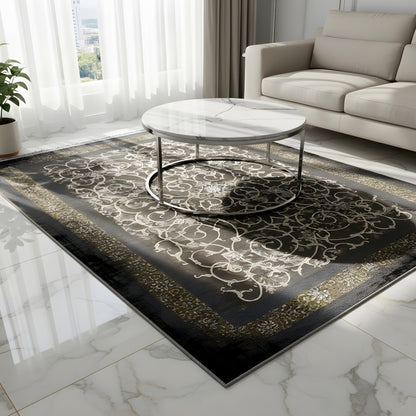 Dark rug 170x240 cm with an ornamental pattern and gold border, laid on the floor