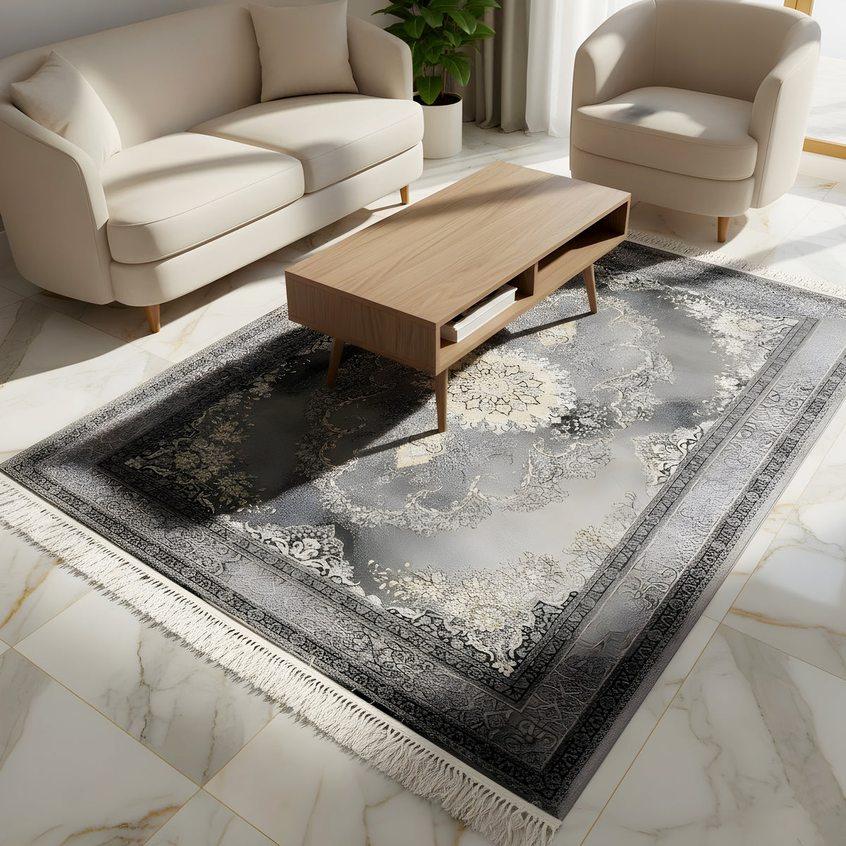 Kashan rug on light tiles, gray medallion pattern with an ornamental border and fringes