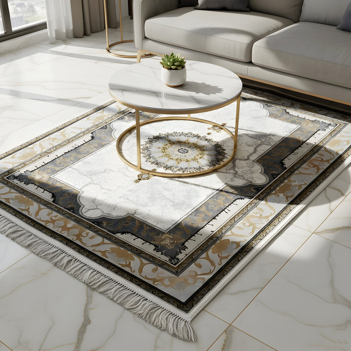 Rug with a cream-colored ornamental design, wide border, and long fringes