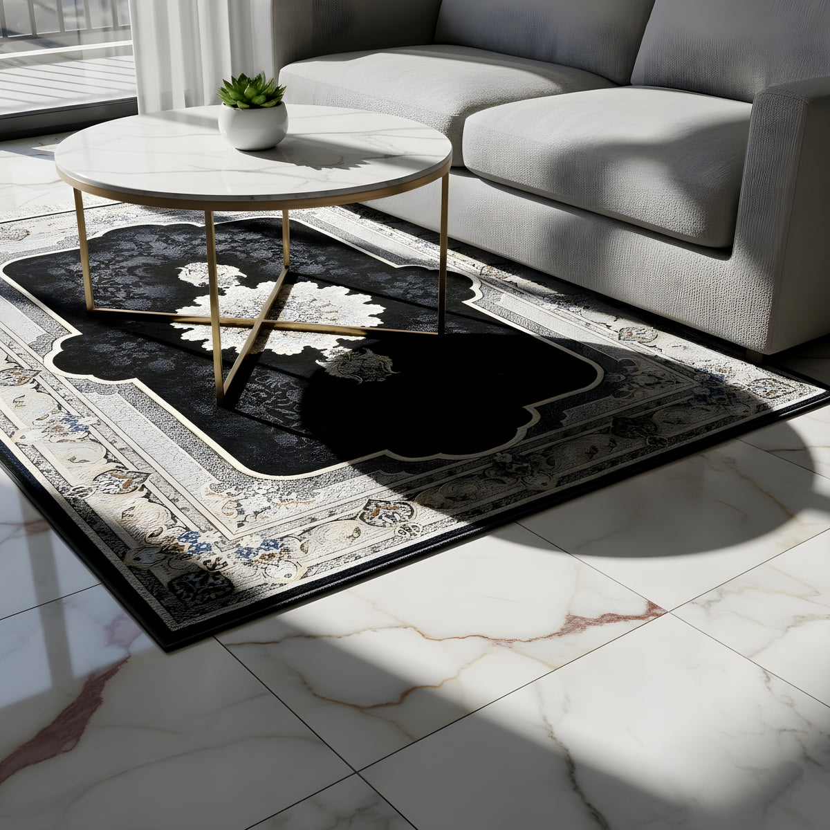 Black 160x230 cm rug with an ornamental pattern on a light floor in front of a sofa