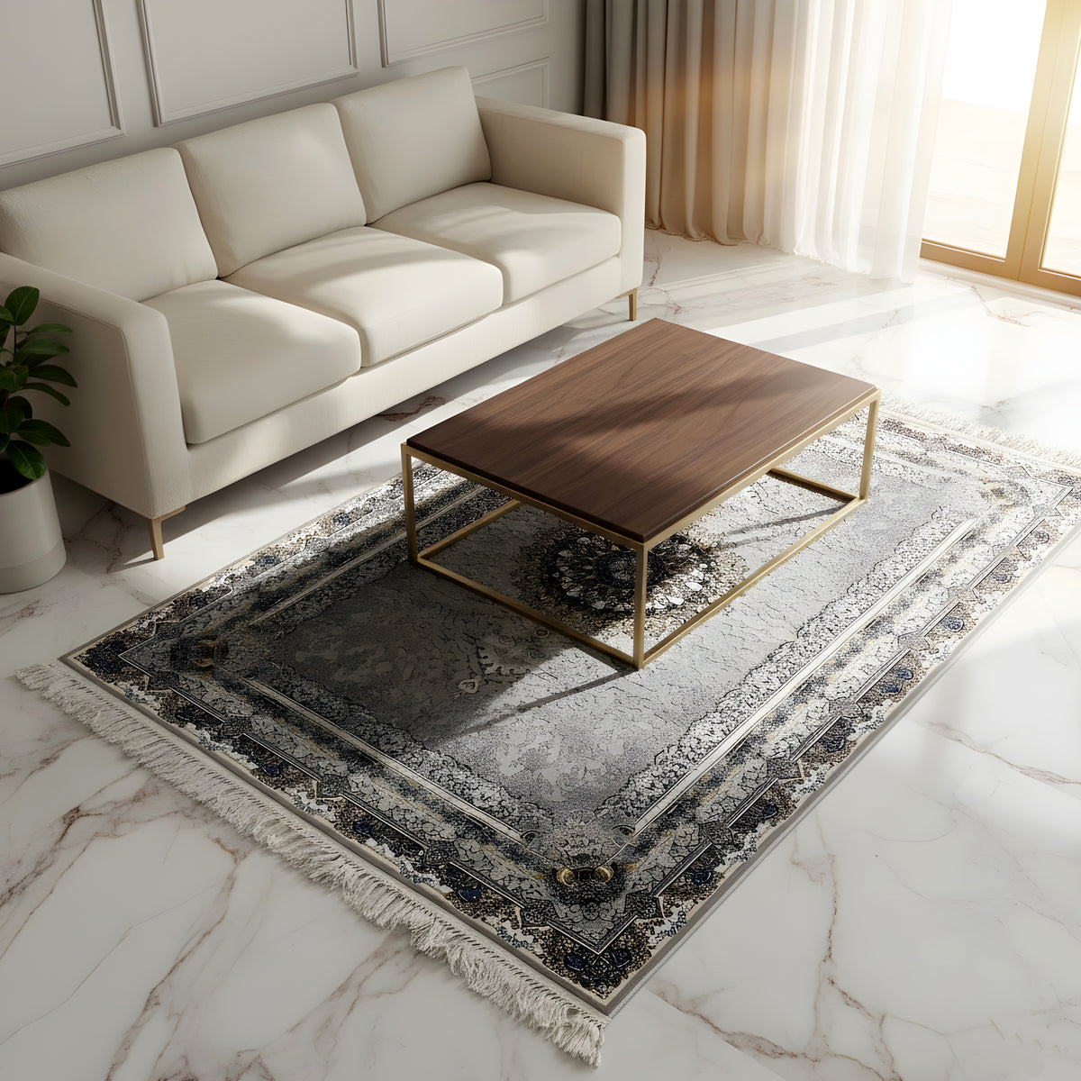 Anthracite-colored vintage rug with an ornamental border and fringes on a light-colored floor