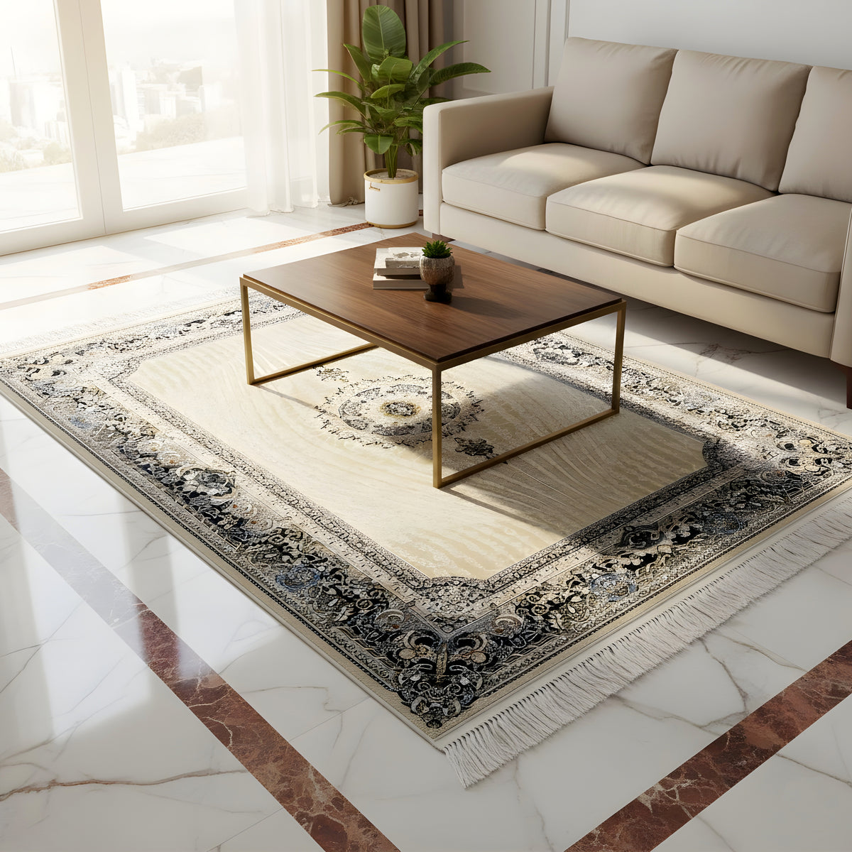 Woven rug 160x230 cm on a light floor: beige base, dark decorative border and fringes