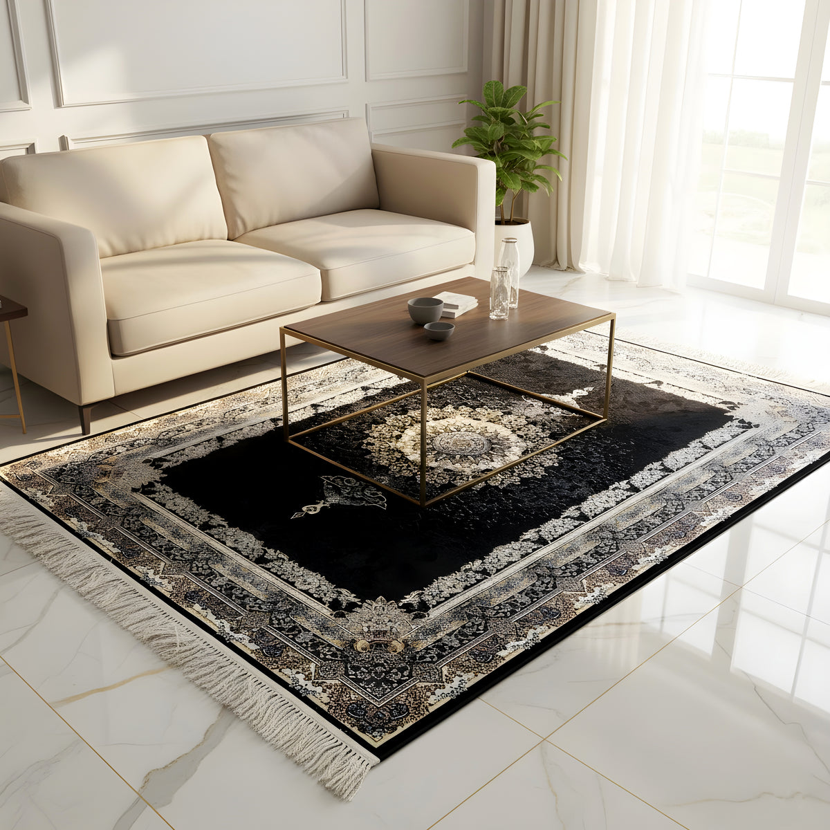 Black rug with an ornamental medallion, borders, and fringes in a living room