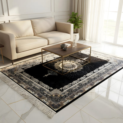 Black rug with an ornamental medallion, borders, and fringes in a living room
