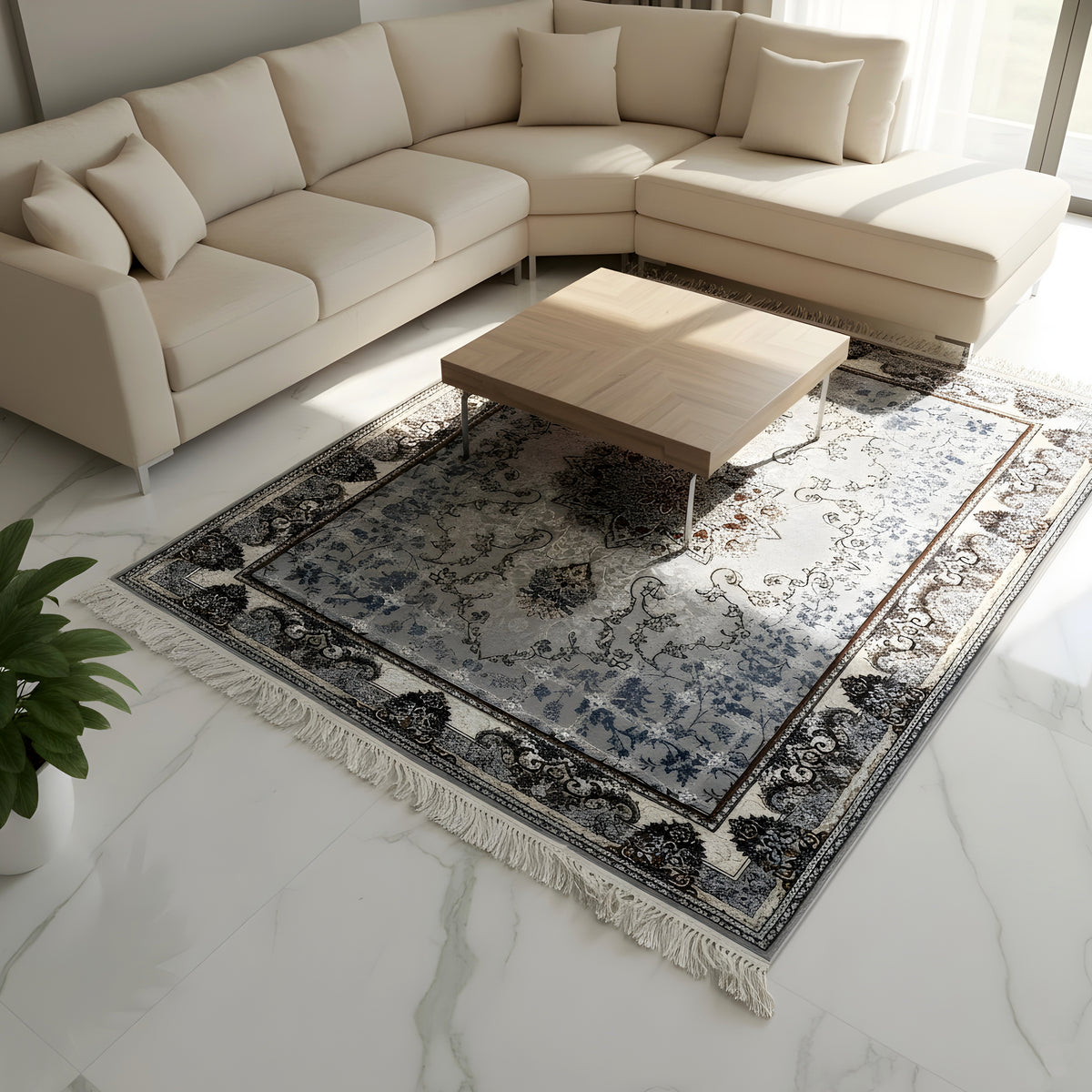Rug with a vintage pattern, central medallion, and blue-gray border with fringes